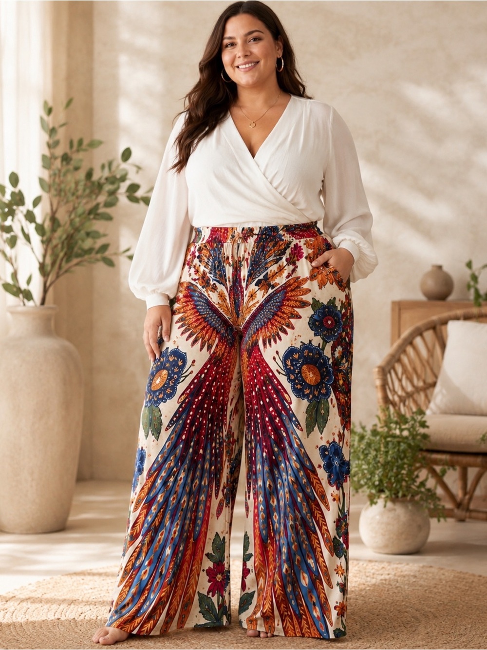 Sz 2X Phoenix Bloom Palazzo Pants – Vibrant Bohemian Wide-Leg Statement Trousers